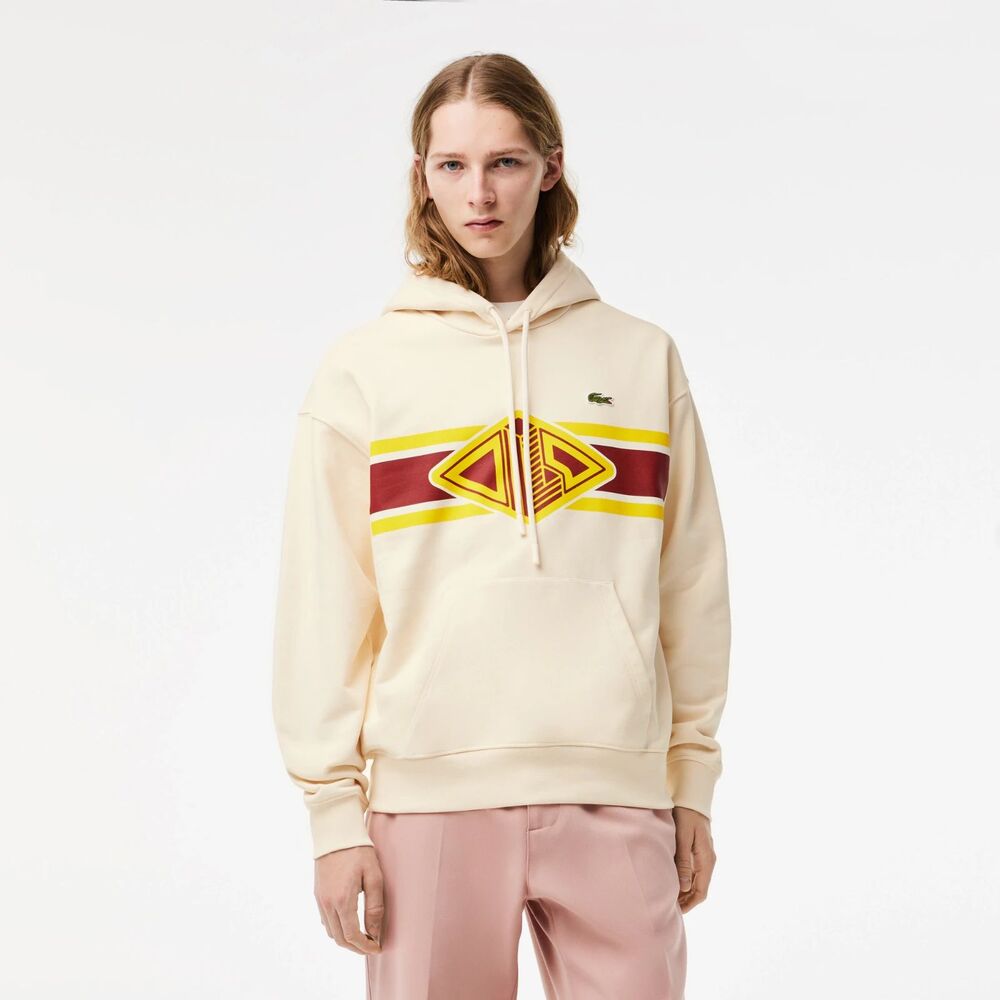 LACOSTE Mens Hoodie Small Cream Pullover Sweatshirt Logo Loose Fit Baggy $165